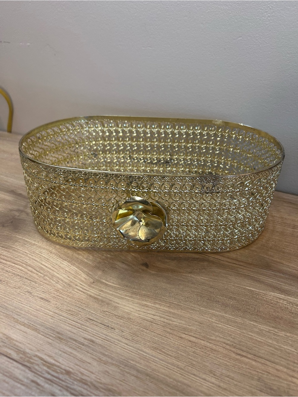 Gold Decorative Glass Basket with Floral Accent MCM Vanity Basket
